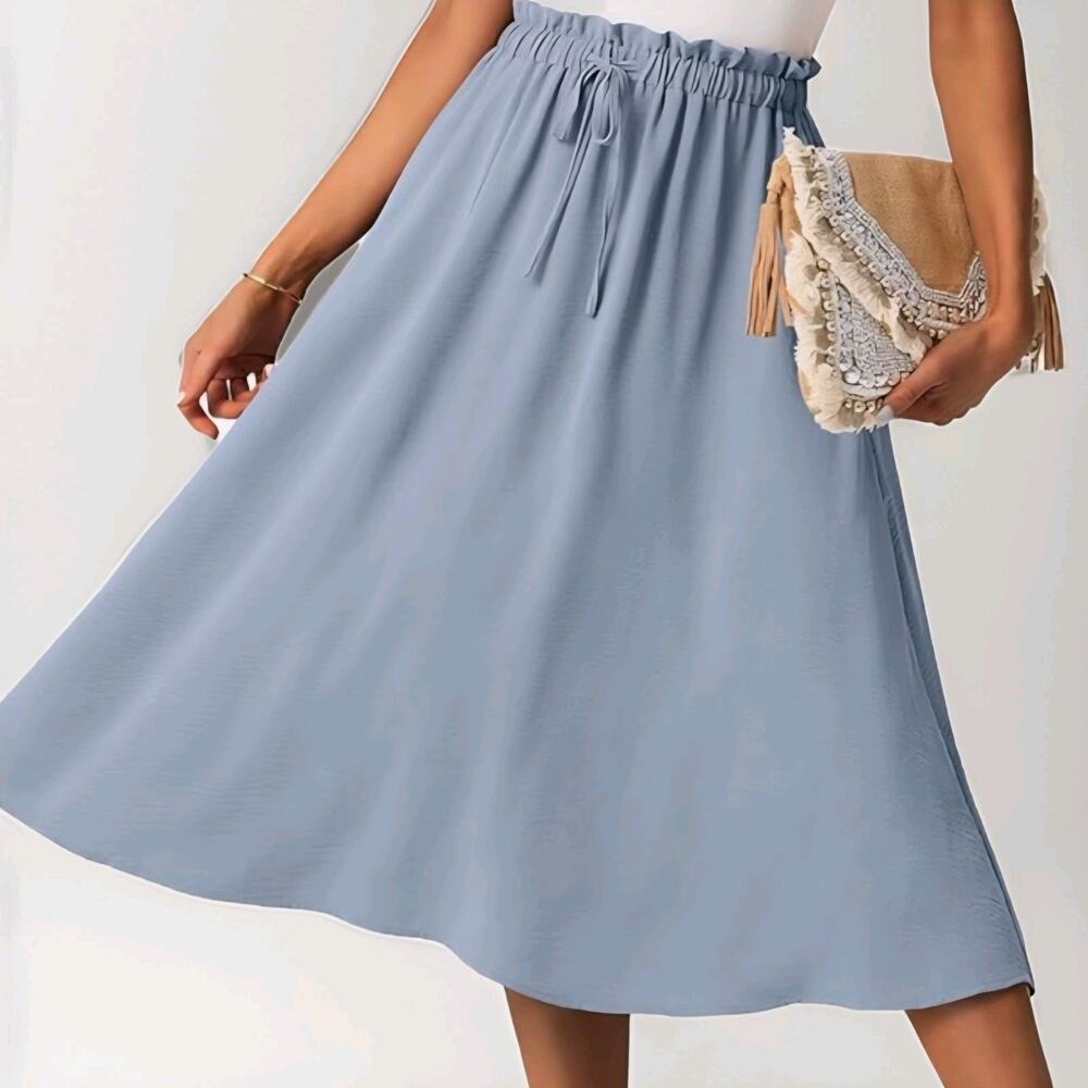 FREEOAK Blue Solid High Waist A-Line Ruffle Midi Skirt Drawstring Women's XL